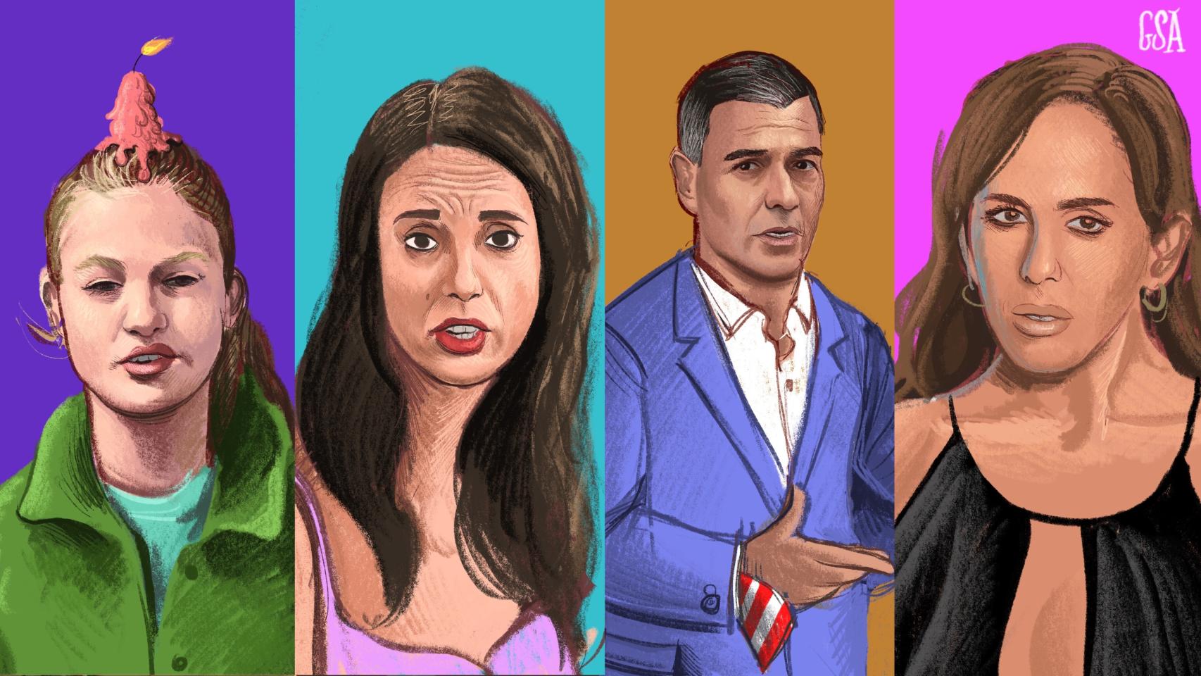 La princesa Leonor, Irene Montero, Pedro Sánchez y Anabel Pantoja.