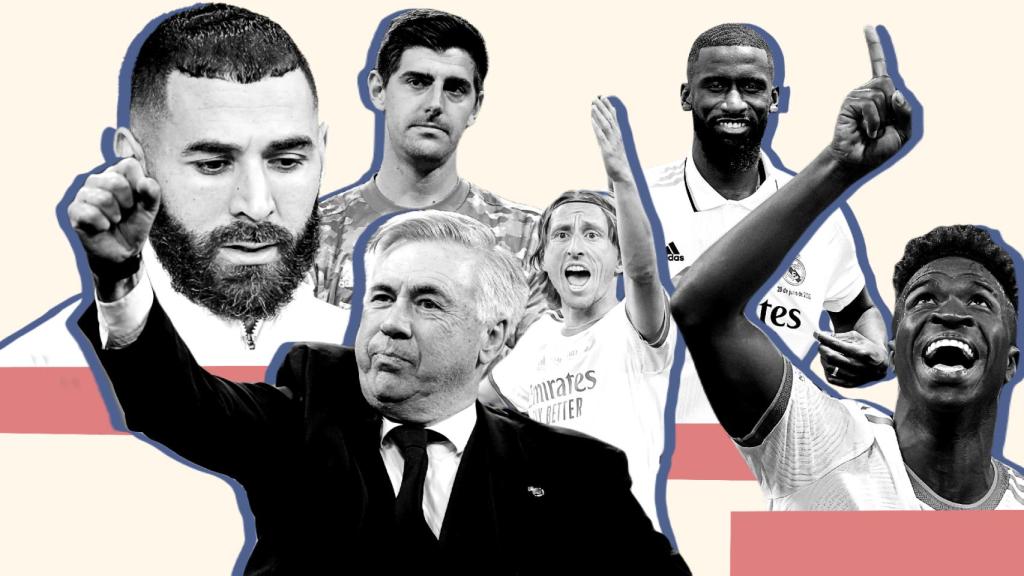 Karim Benzema, Carlo Ancelotti, Thibaut Courtois, Luka Modric, Antonio Rudiger y Vinicius Júnior.