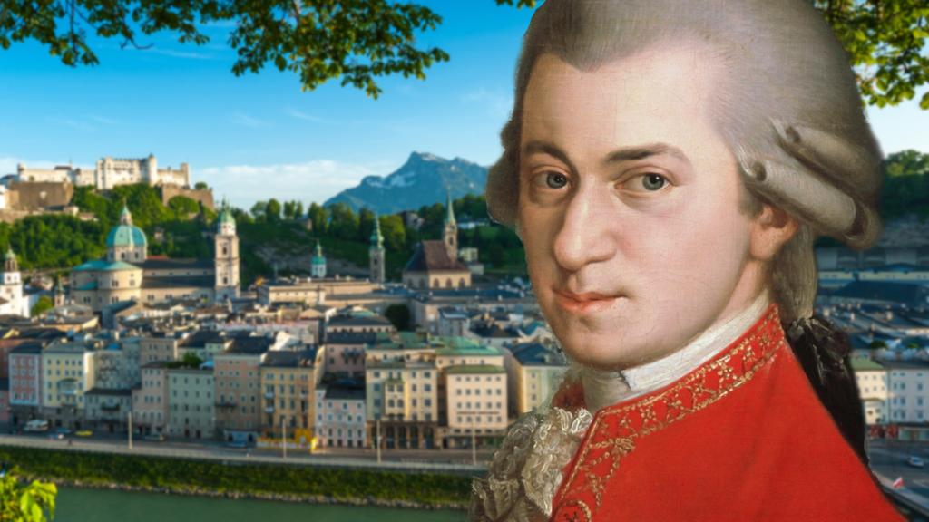 Retrato póstumo de Wolfgang Amadeus Mozart, pintado por Barbara Krafft en 1819. Al fondo, vista de Salzburgo. Foto: TSG/Breitegger