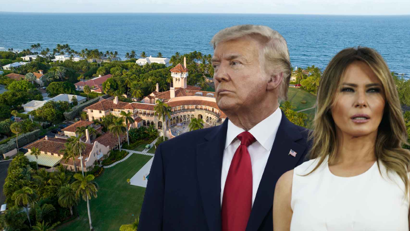 Donald Trump y Melania, junto a su casa en Mar-a-Lago, en un fotomontaje de JALEOS.
