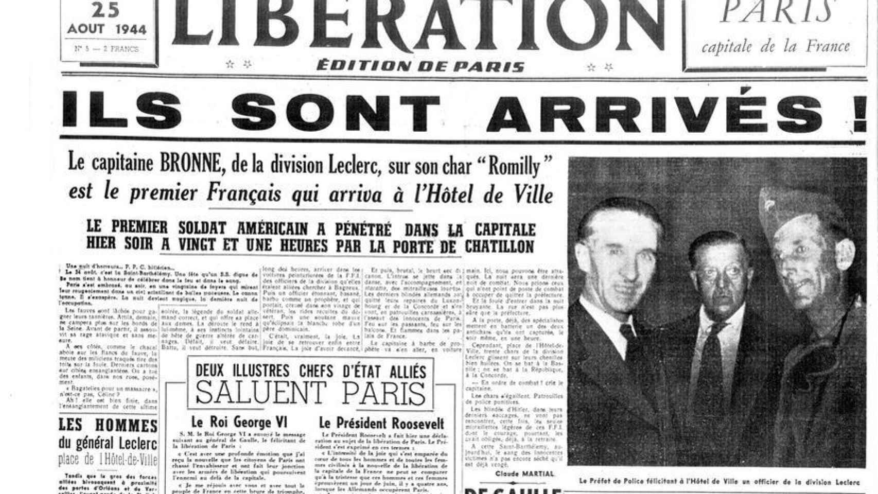 Portada de Libération del 25 de agosto de 1944. Granell luce a la derecha de la imagen, pero lo eluden en el texto. EE