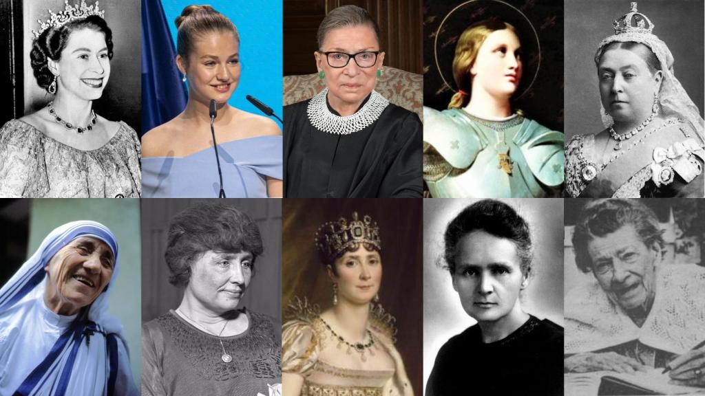 De arriba a abajo y de izquierda a derecha: Isabel II, Leonor, Ruth Bader Ginsburg, Juana de Arco, Juana de Arco, la Reina Victoria, Teresa de Calcuta, Helen Keller,  Josephine de Beauhaurnais, Marie Curie y Helen Hooven.