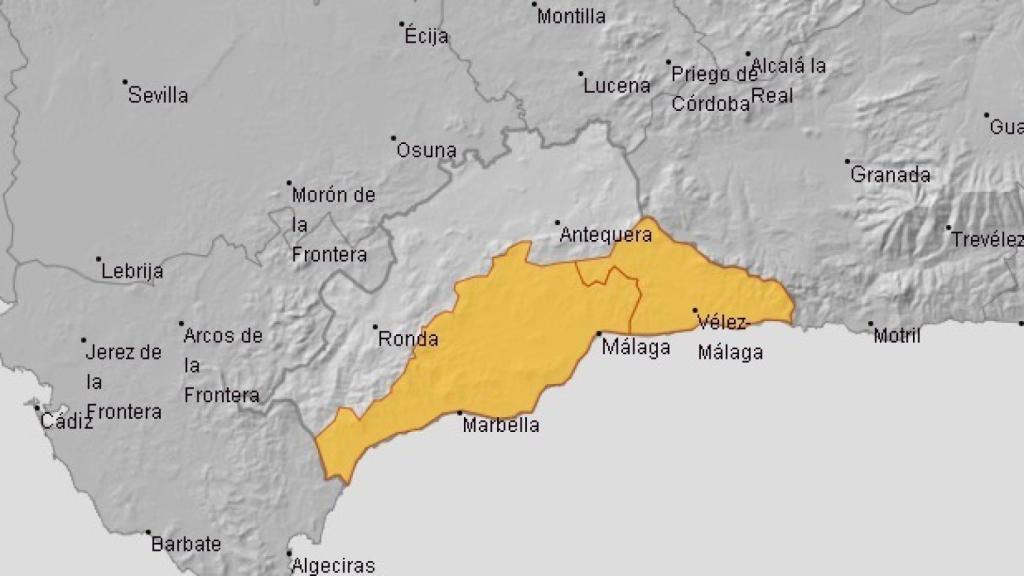 El mapa de Málaga, con las zonas marcadas por el aviso naranja.