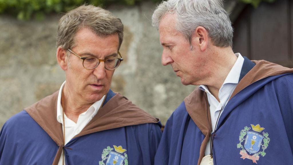 Alberto Núñez Feijóo y el presidente de la Xunta, Alfonso Rueda, en la LXX edición de la Festa do Vino Alvariño.