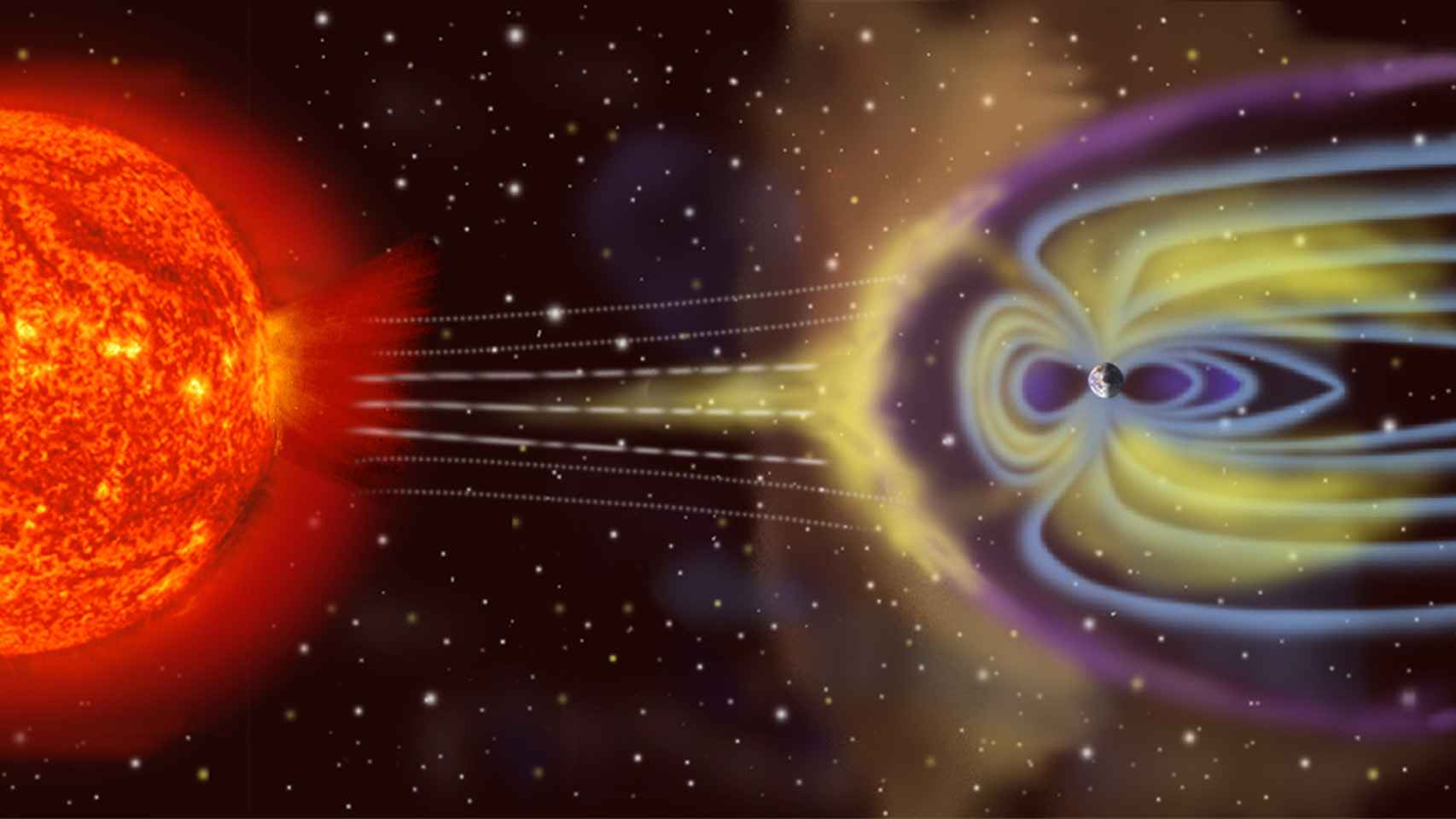 Descripción artística de una ráfaga de viento solar interactuando con la magnetosfera.