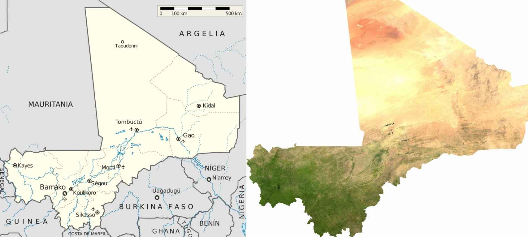 Mapa e imagen satelital de Mali