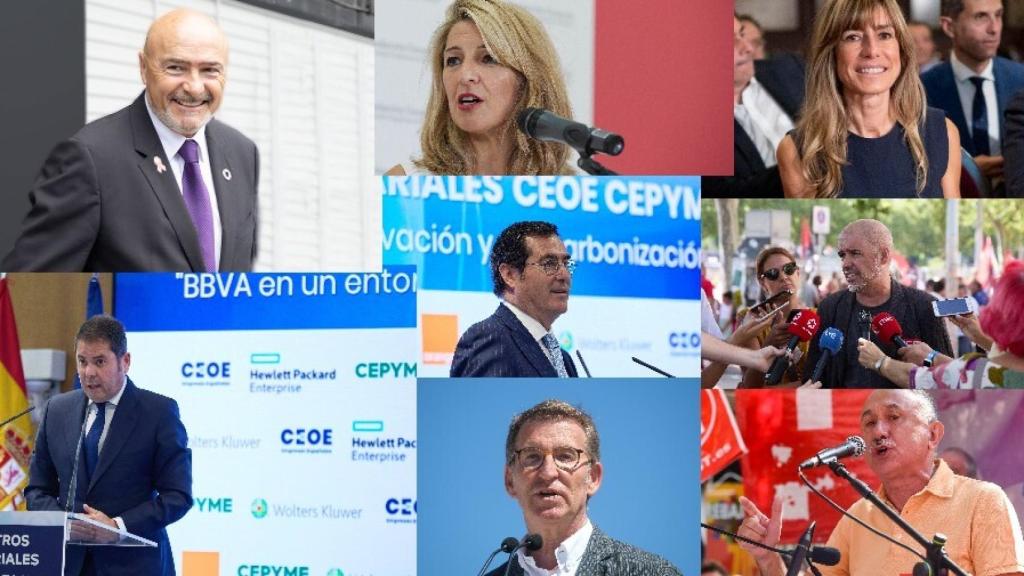 José María Torres, Yolanda Díaz, Begoña Gómez, Gerardo Cuerva, Antonio Garamendi, Unai Sordo, Alberto Núñez Feijóo y Pepe Álvarez.