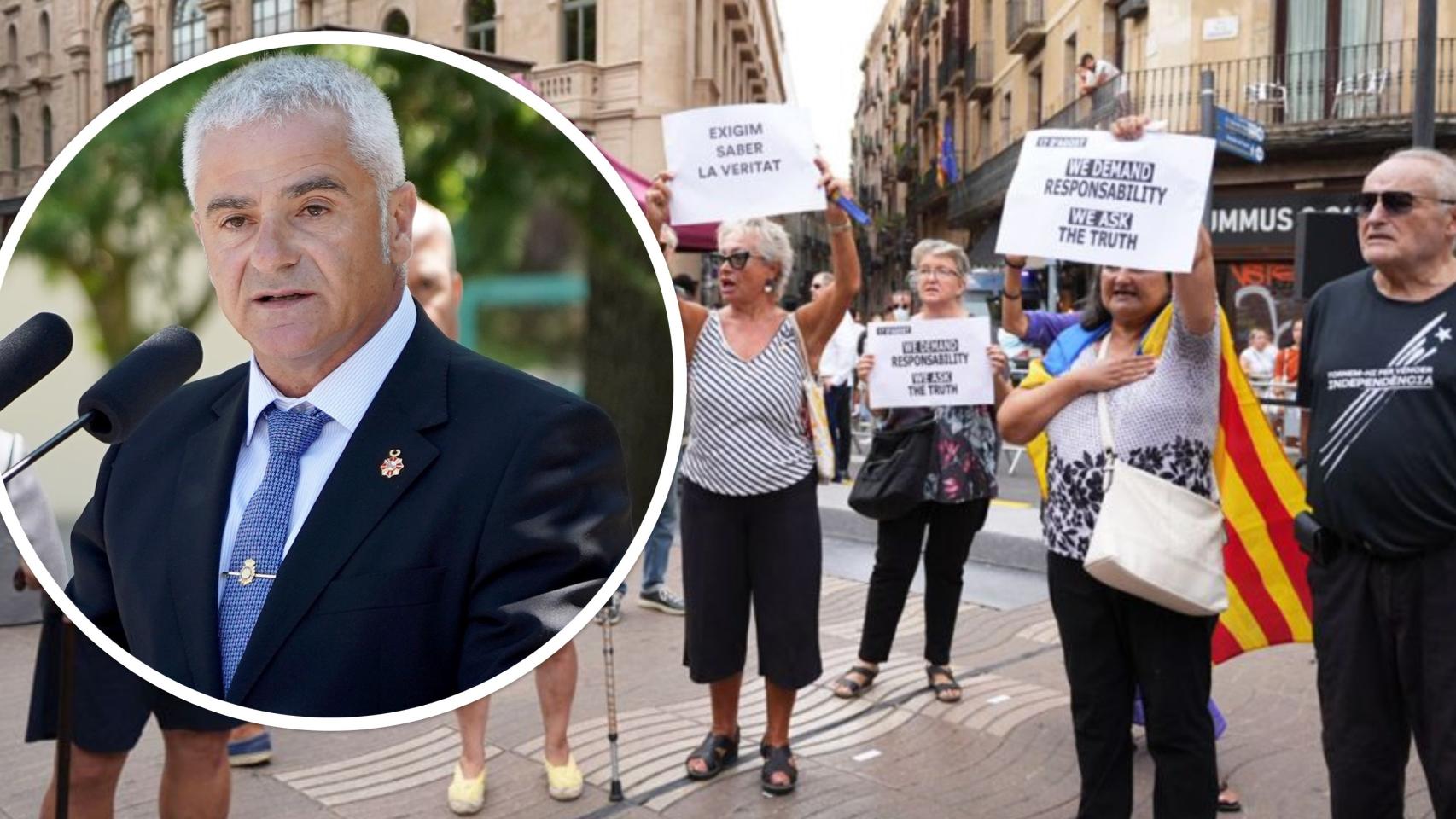 Sebastián Nogales con una imagen del boicot a la manifestación de Barcelona al fondo