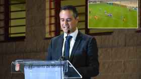 El alcalde de Serrada, César López, y una imagen del gol de Koeman