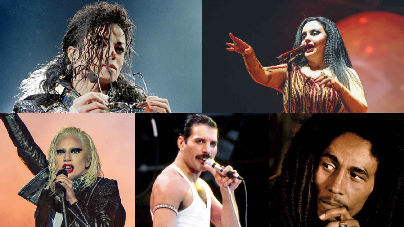 De izquierda a derecha y de arriba a abajo: Michael Jackson, Alaska, Lady Gaga, Freddie Mercury y Bob Marley.