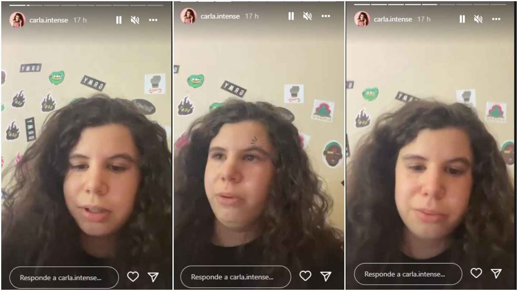 Carla Vigo llorando en sus 'stories' de Instagram.