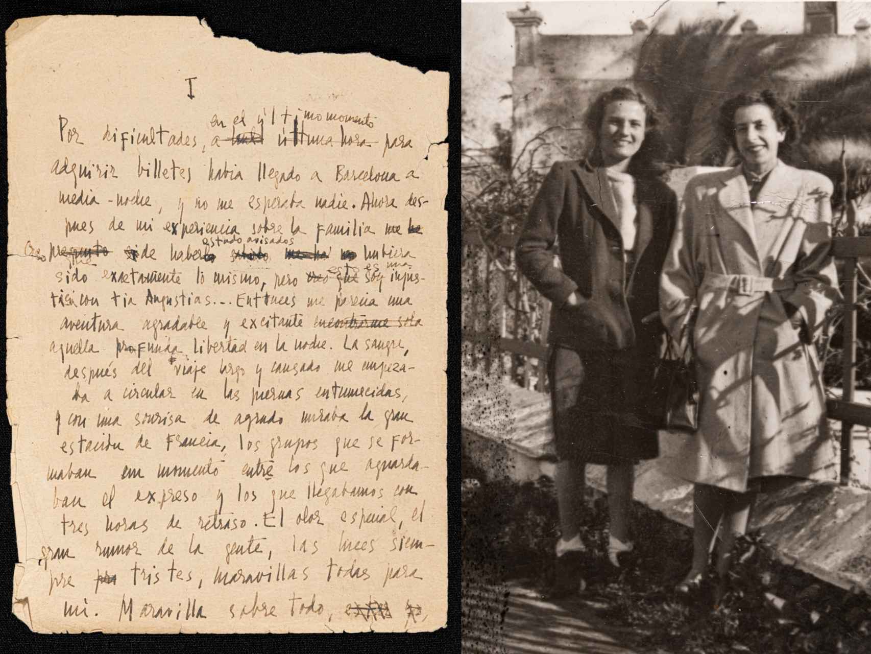 Manuscrito de 'Nada'  e imagen de Laforet con una antigua profesora, Carmen Burell, en los años 40.