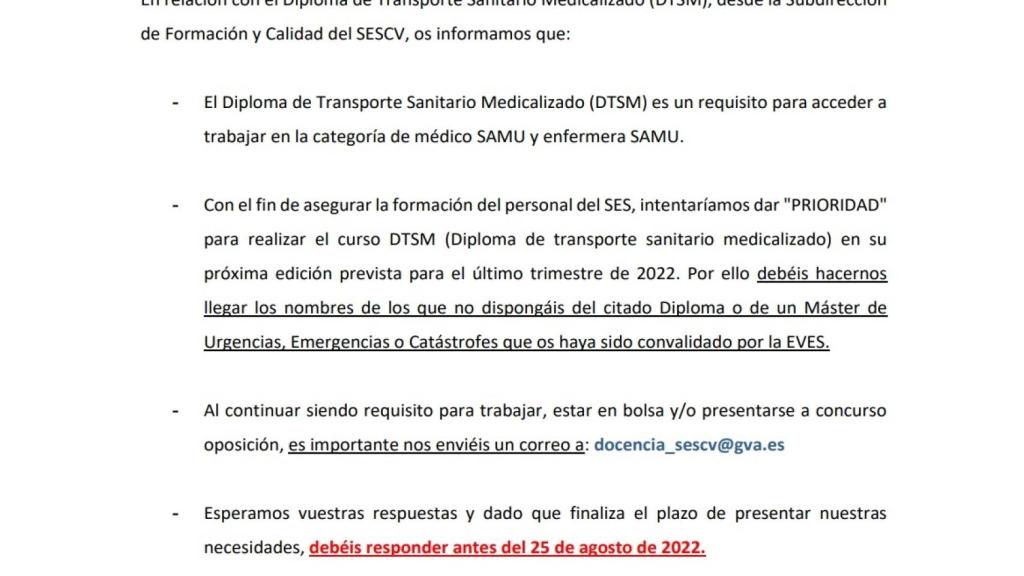 Escrito interno de Sanidad en el que poide saber cuántos profesionales del SAMU no tienen la formación adecuada.