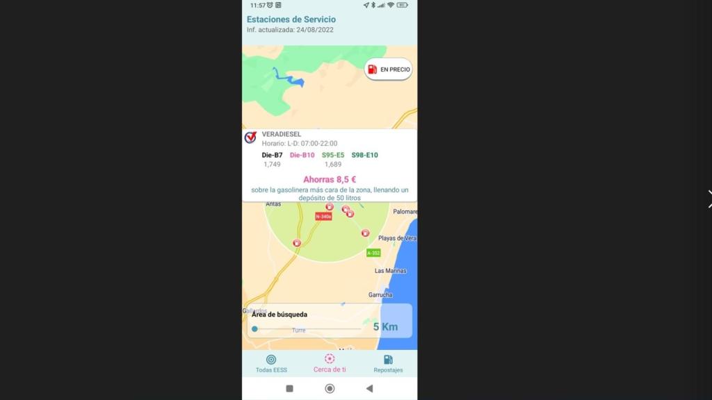 Su app encuentra la gasolinera más económica para llenar el depósito, dentro de un radio de kilómetros que se puede ampliar y reducir, con diferencias entre 11 y 15 euros.