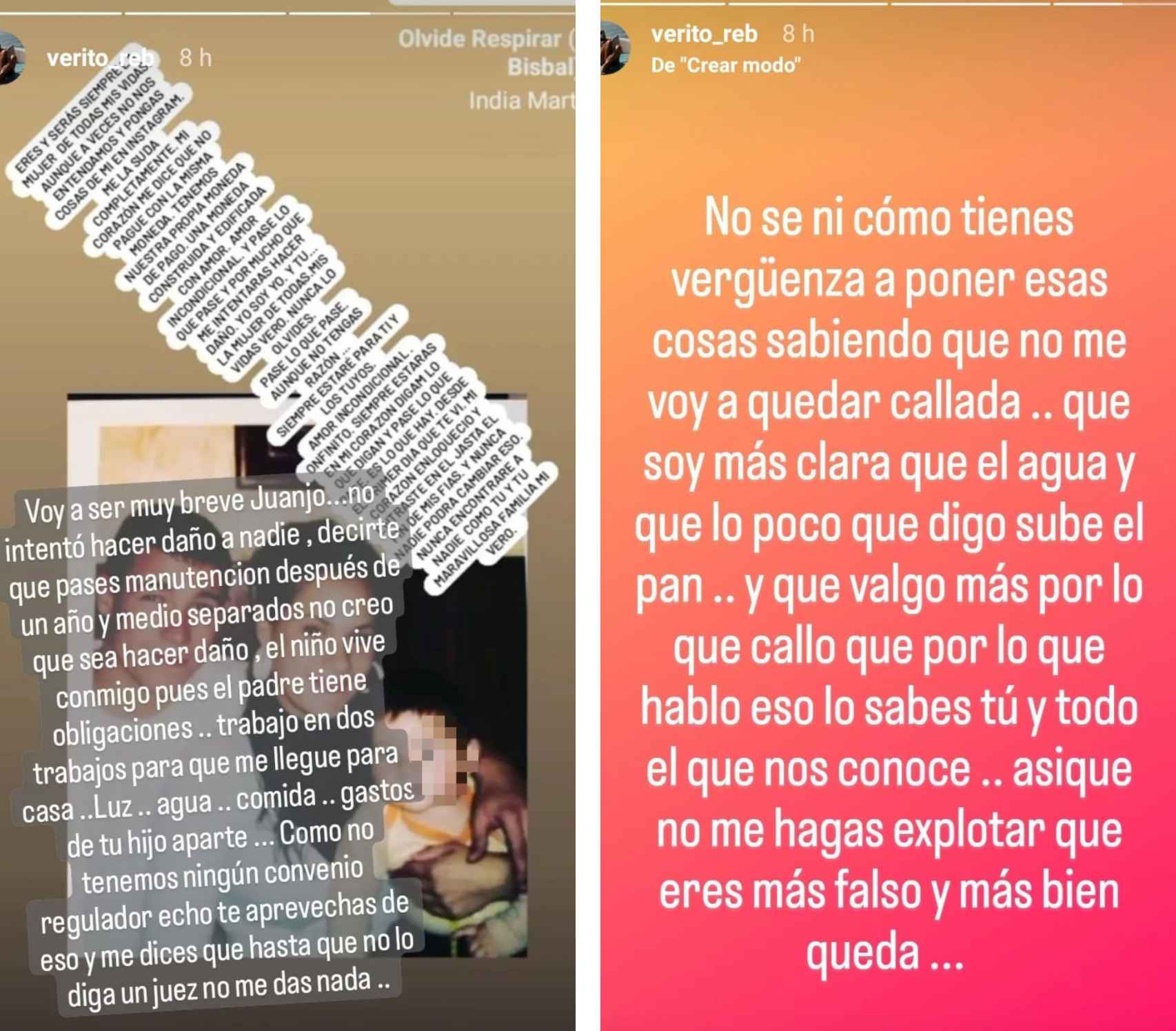 Los dos mensajes de Verónica Rebollo para Juan José Ballesta compartidos en su perfil de Instagram.