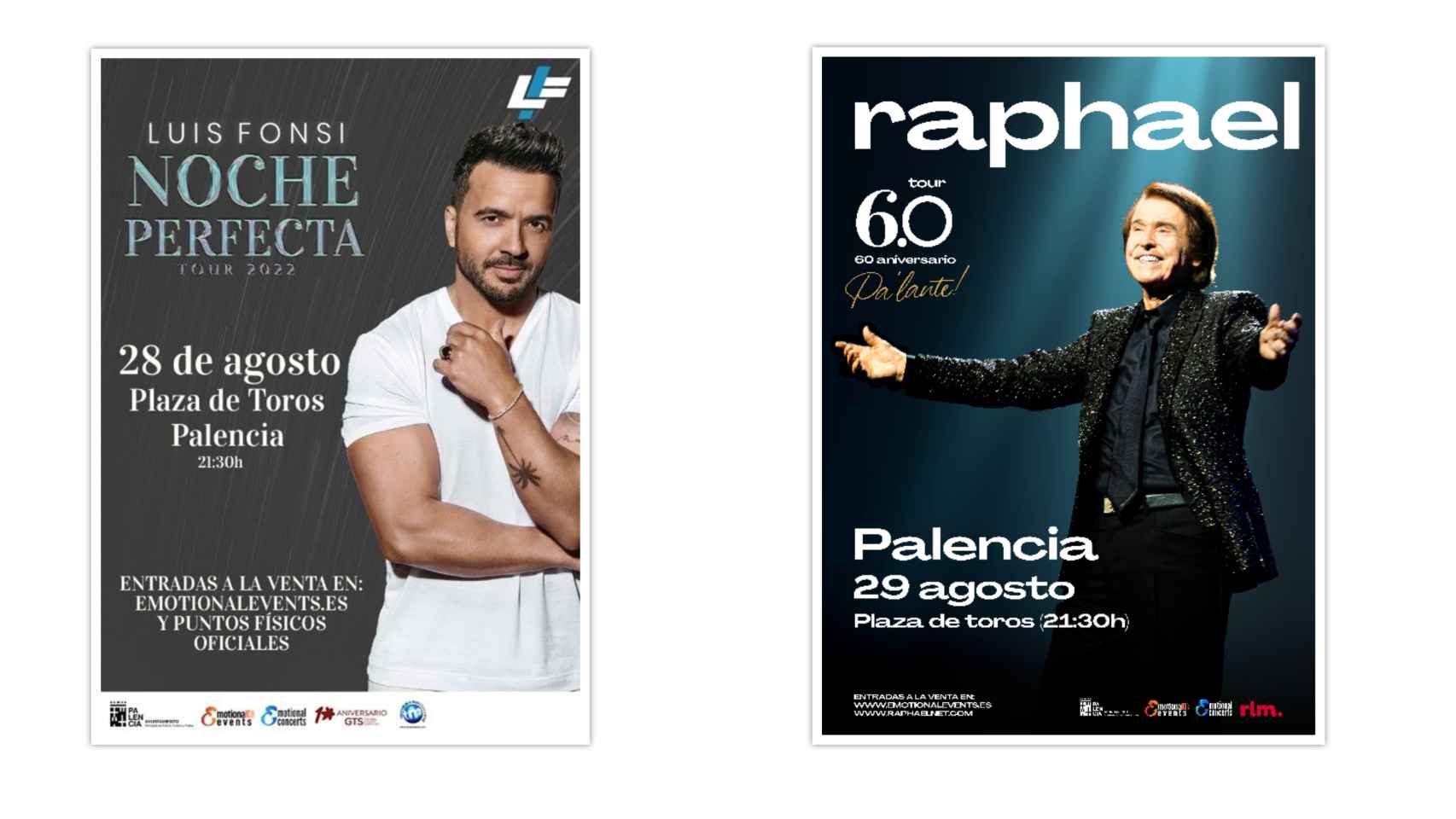 Carteles de los conciertos de Luis Fonsi y Raphael en Palencia.