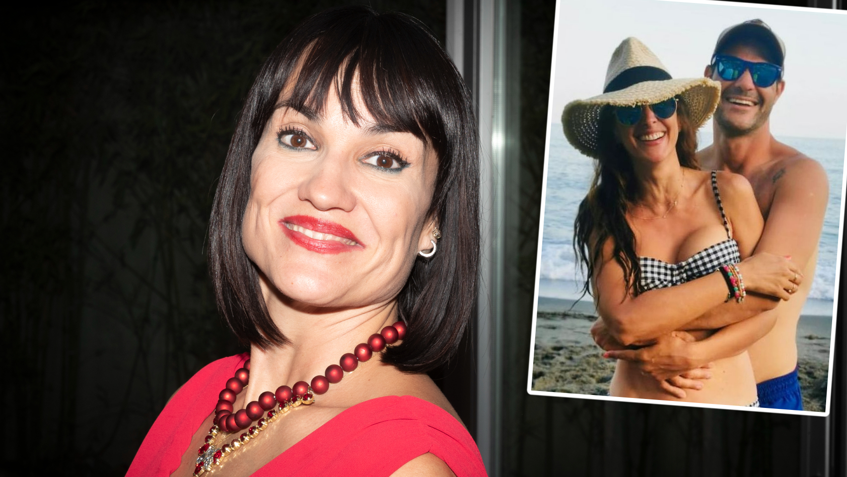 Irene Villa junto a la fotografía de su exmarido, Juan Pablo Lauro, con Nuria Fergó, en un montaje de EL ESPAÑOL.