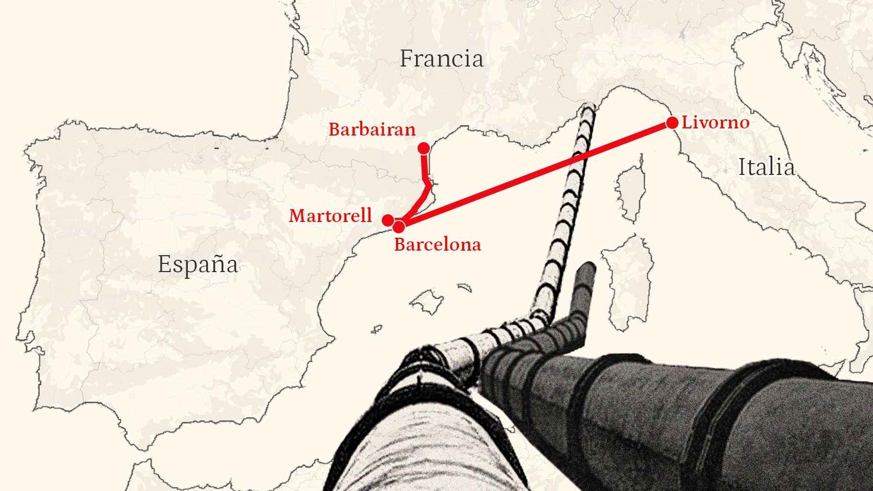 Áreas por las que se planean el gasoducto BarMar y el proyecto a Livorno, que uniría España e Italia.