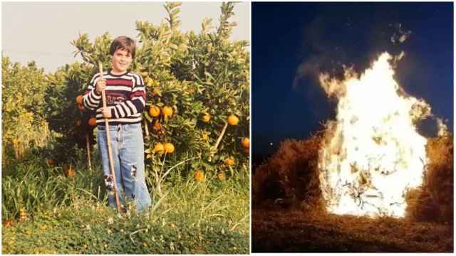 Luis, de pequeño, rodeado de naranjos junto a la imagen de los árboles ardiendo.