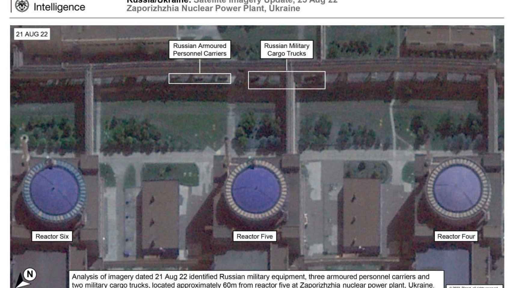 Vista aérea de la central de Zaporiyia el pasado 21 de agosto tomada por la inteligencia británica en la que se observa la posición de las tropas rusas.