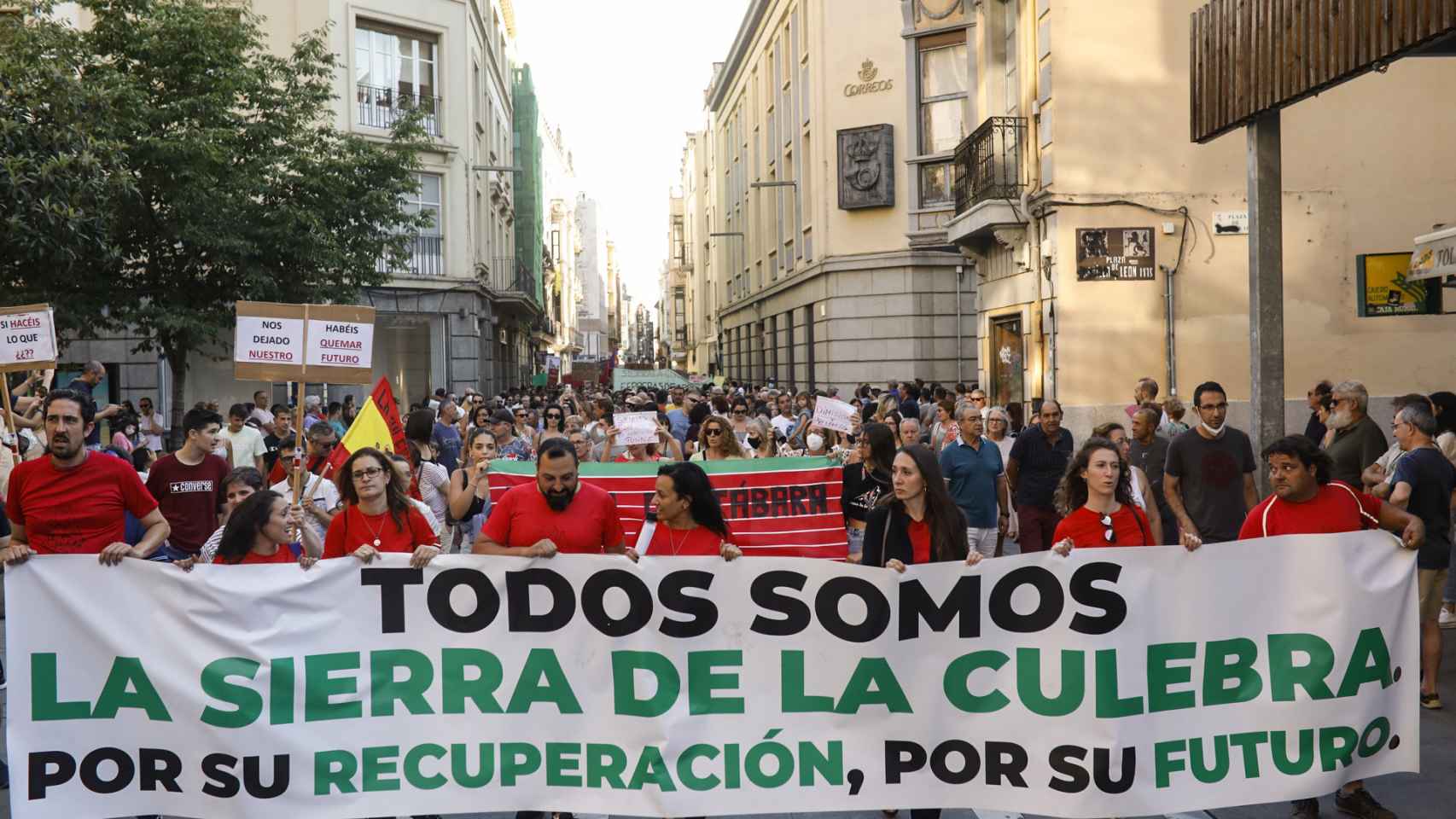 arias personas con pancartas protestan por los incendios forestales en Zamora.