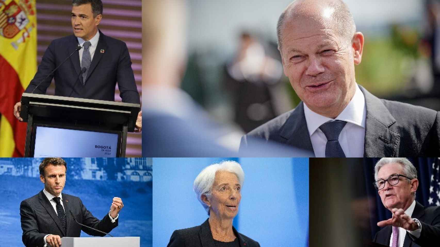 Pedro Sánchez, Olaf Schoz, Emmanuele Macron, Christine Lagarde y Jerome Powell.