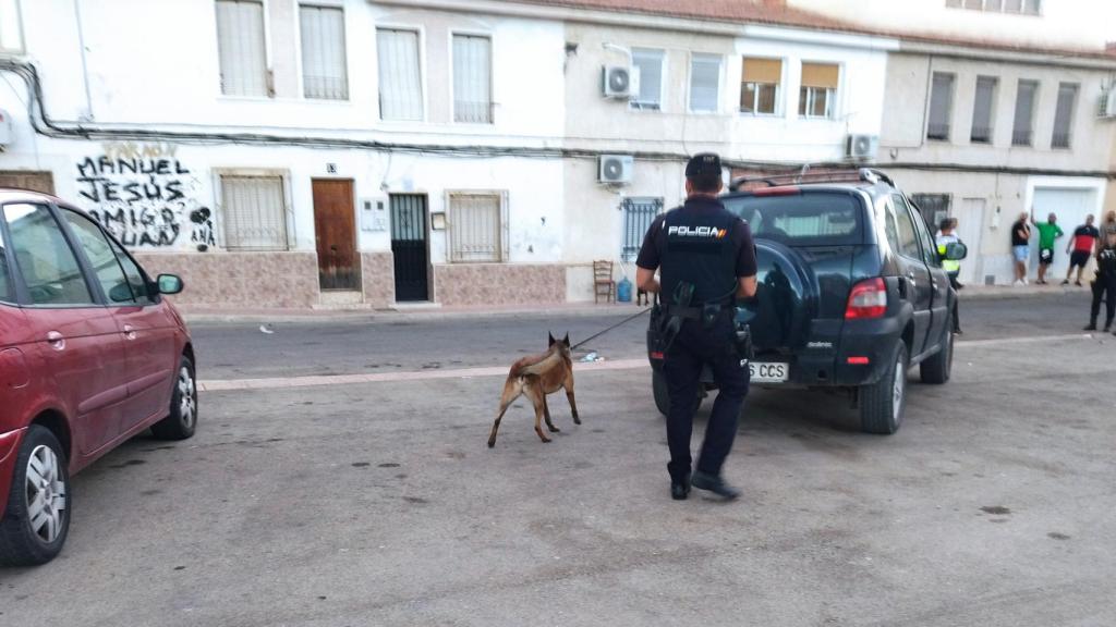 La Unidad de Guías Caninos, este viernes, olisqueando los vehículos estacionados por si portan sustancia estupefaciente.