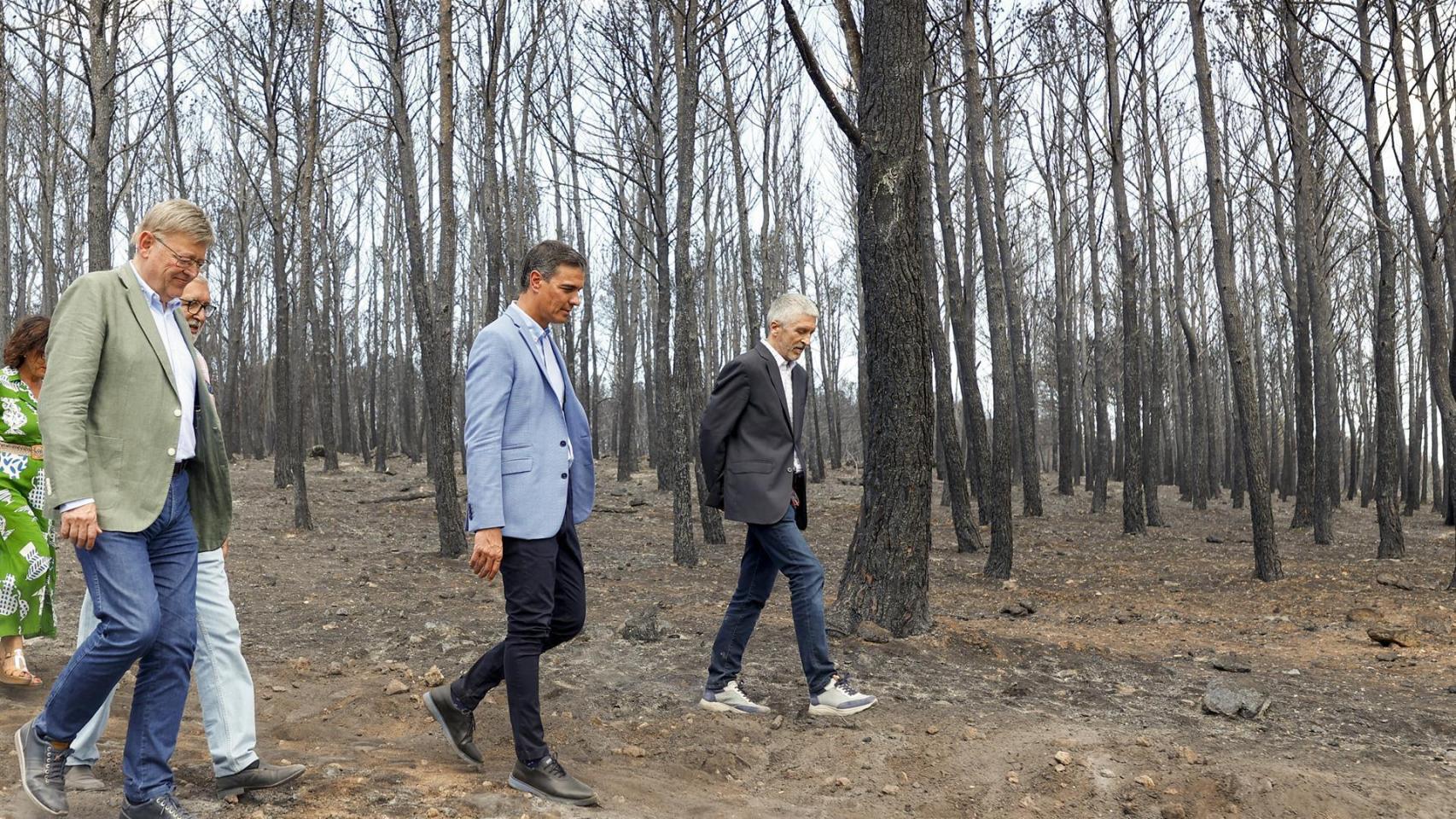 Ximo Puig y Pedro Sánchez visitan la zona del incendio de Bejís, el pasado lunes.