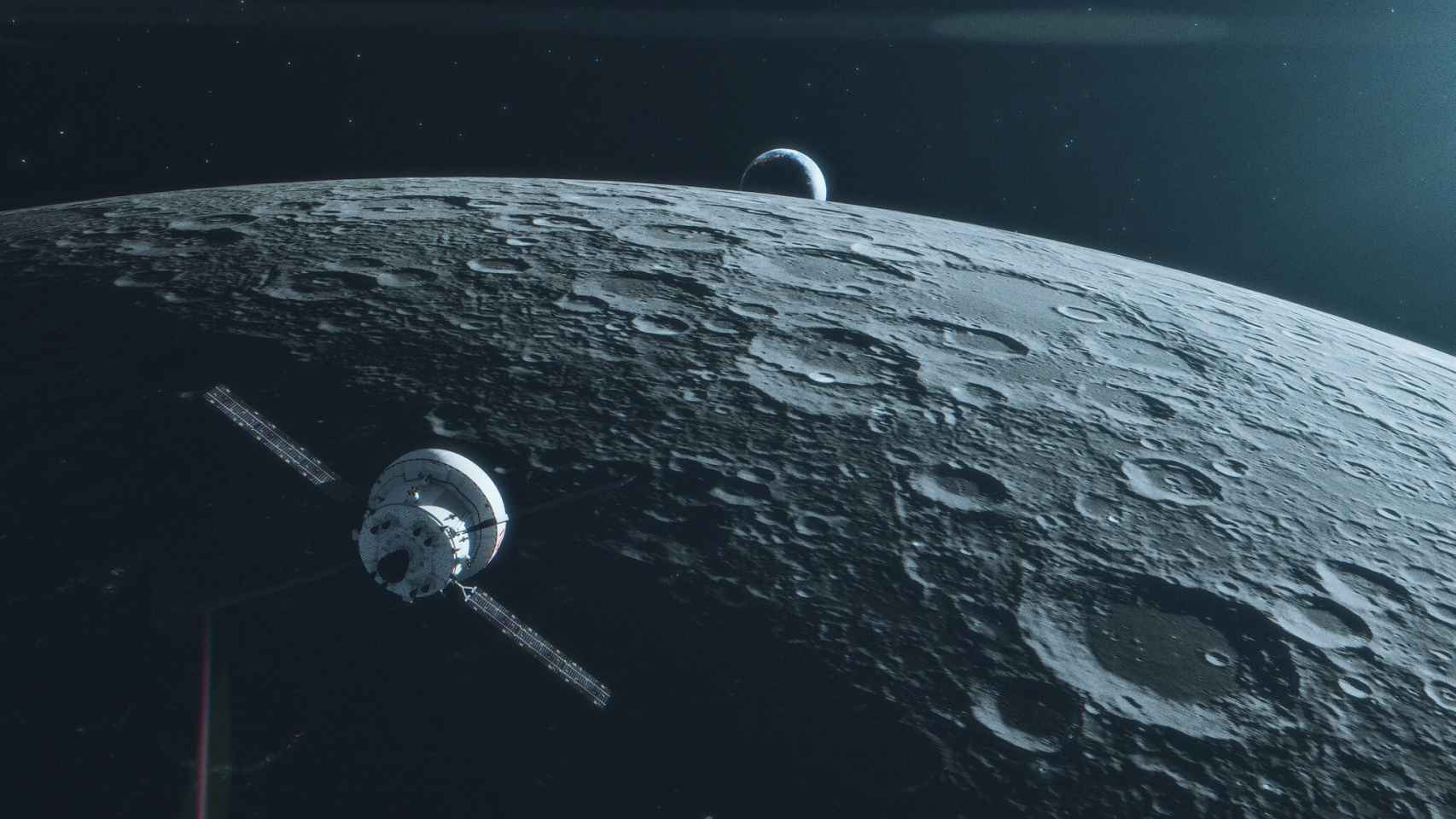 Representación de la nave Orión sobrevolando la luna
