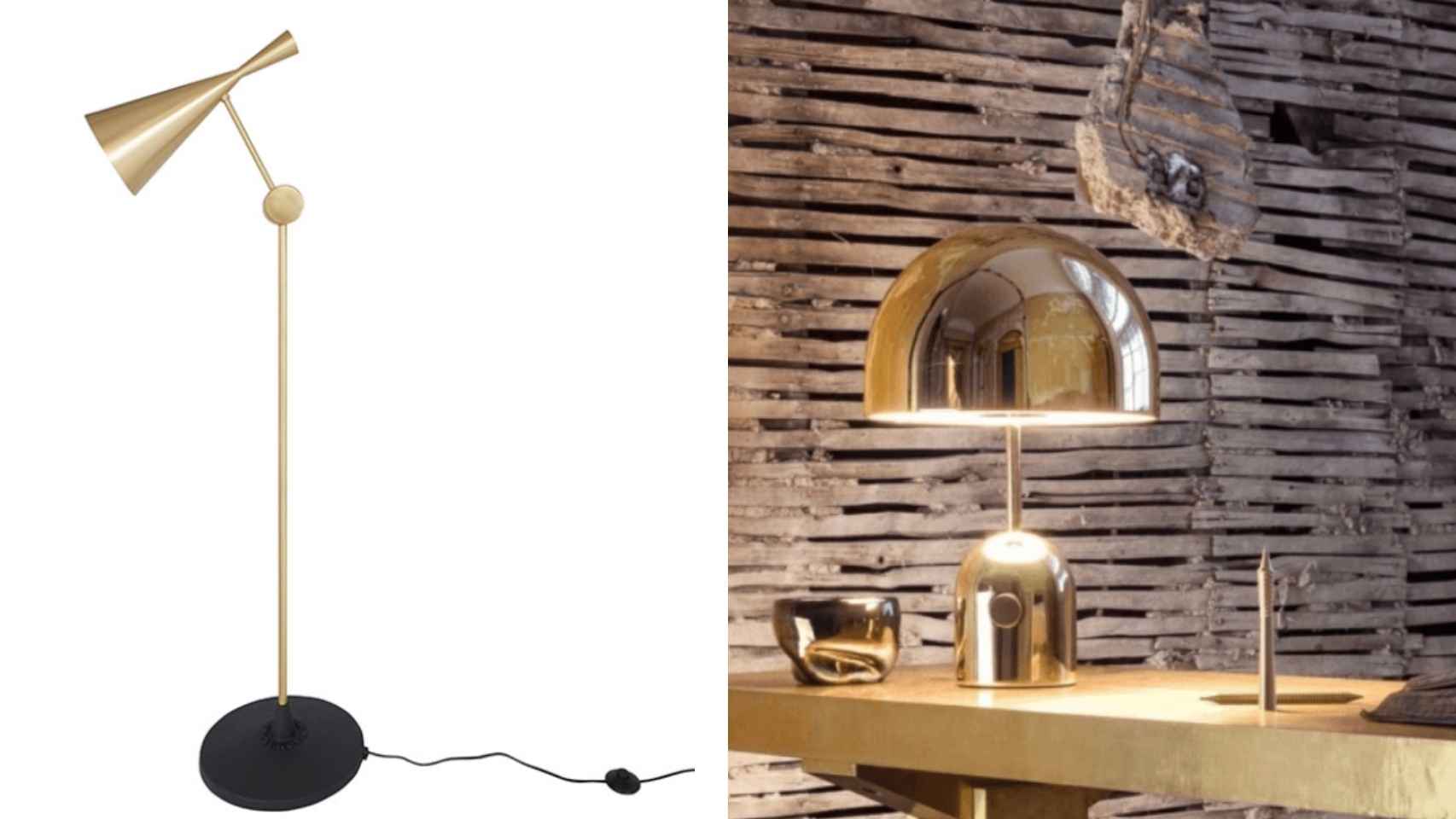 Dos lámparas Tom Dixon. La primera, el modelo de suelo de latón, Beat Floor Light; la segunda, la Bell Table, que refleka las características y los colores de su entorno.
