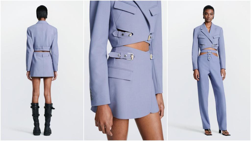 Dion Lee tiene a la venta este conjunto de minifalda y americana 'cropped' inspirado en el 'look Motomami'.