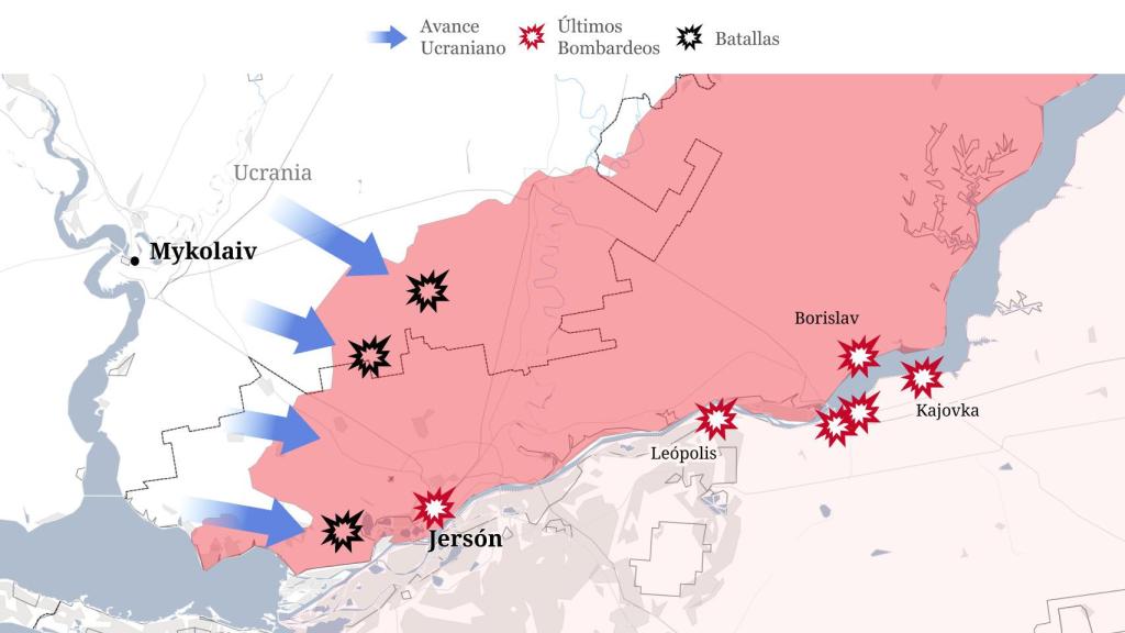 Mapa del avance de las tropas ucranianas en Jersón el 29 y 30 de agosto.