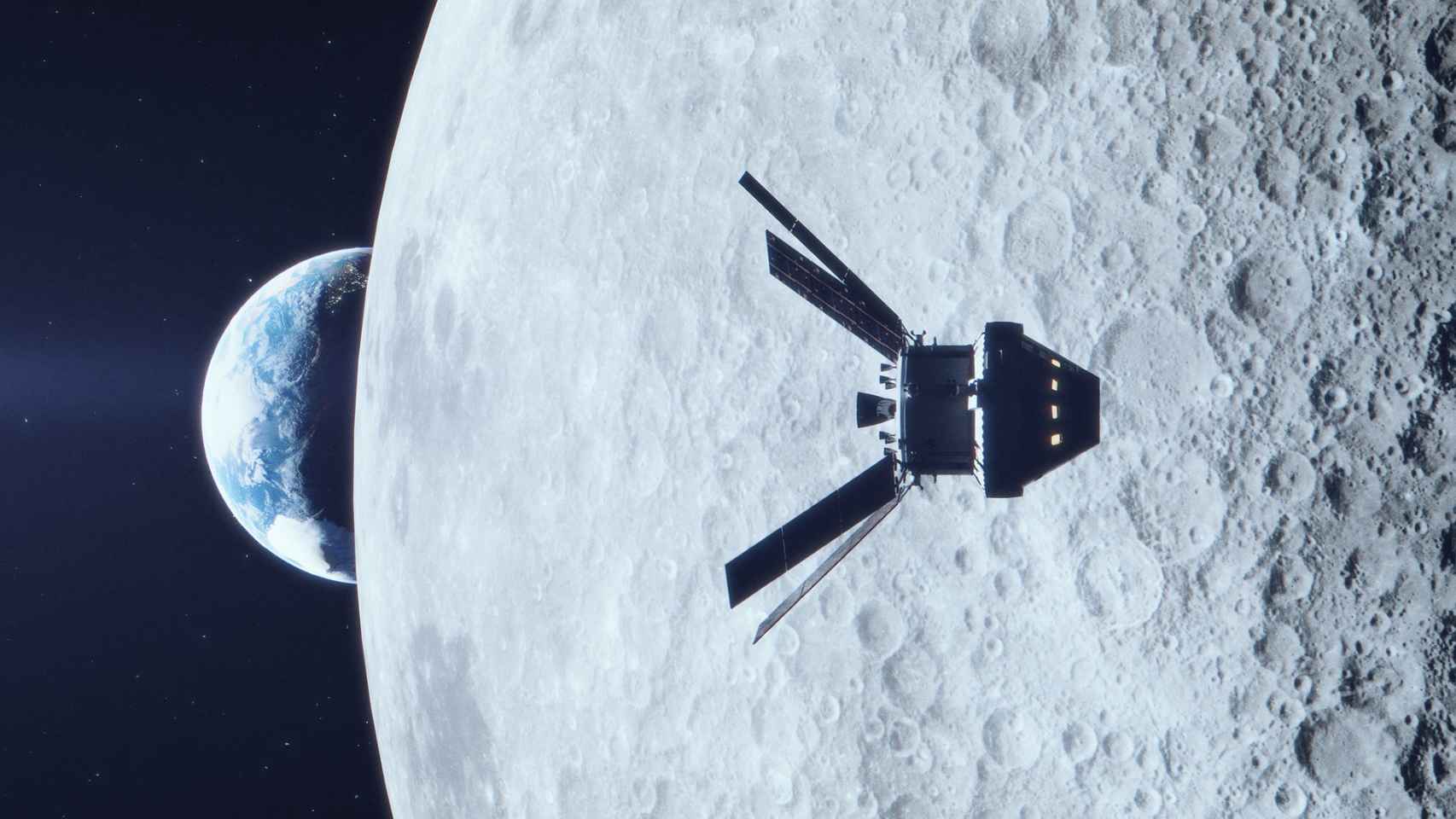 Representación de la nave Orión sobrevolando la Luna