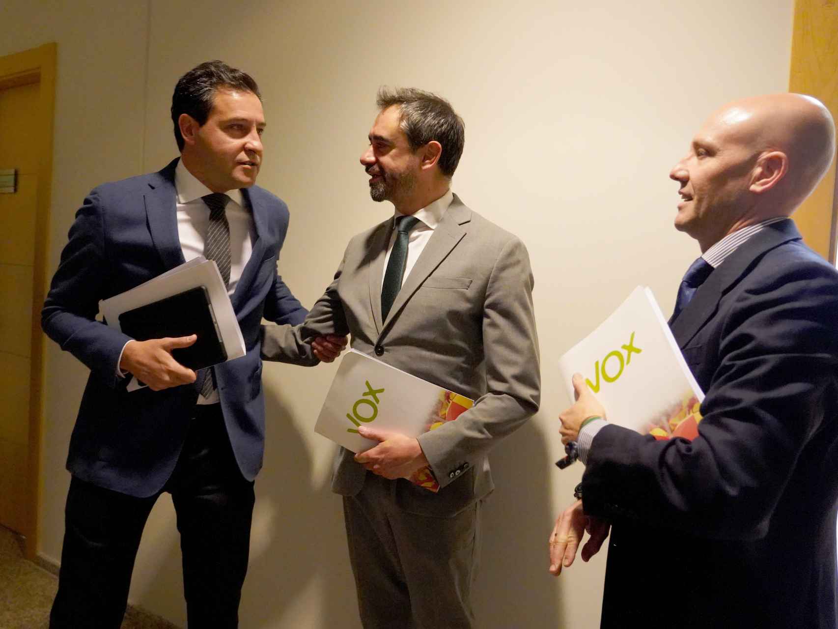 El portavoz popular Raúl de la Hoz con los procuradores de Vox David Hierro y Carlos Menéndez, en una imagen de archivo.