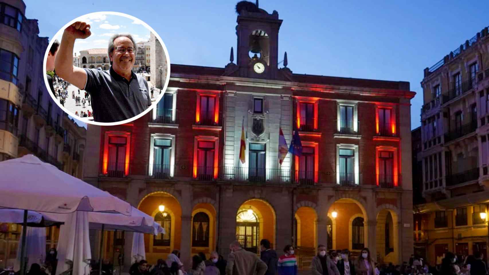 Montaje con la fachada del Ayuntamiento de Zamora, en rojo, y Guarido durante su toma de posesión en 2019