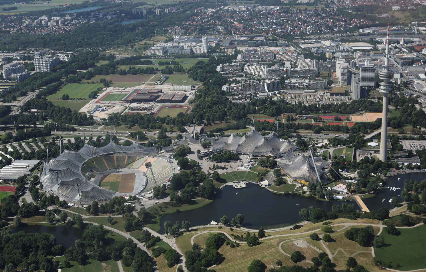 Vista aérea del estadio olímpico de los Juegos de Múnich de 1972.