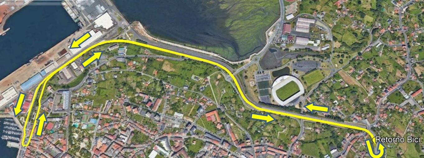 Plano aéreo del recorrido en bici que unirá el puerto y A Malata. Imagen: Fegatri