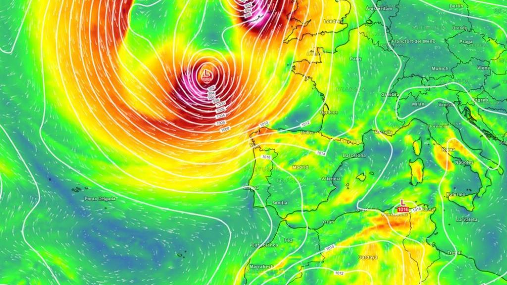 El mapa de previsión de la borrasca de la Aemet.