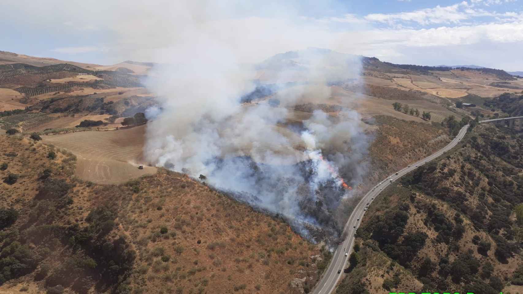Declarado un nuevo incendio forestal en Montecorto tras arder un vehículo en la  A-374.