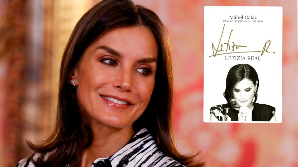 La reina Letizia junto a la portada de un nuevo libro sobre ella en un montaje de El Español.