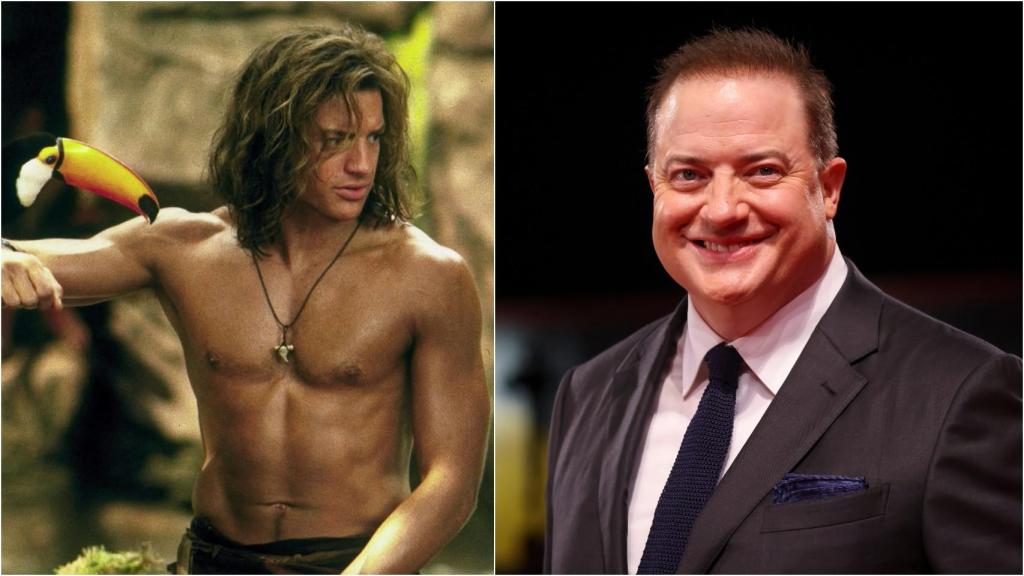 El actor Brendan Fraser en su papel de 'George de la jungla' y el mismo intérprete en la actualidad.