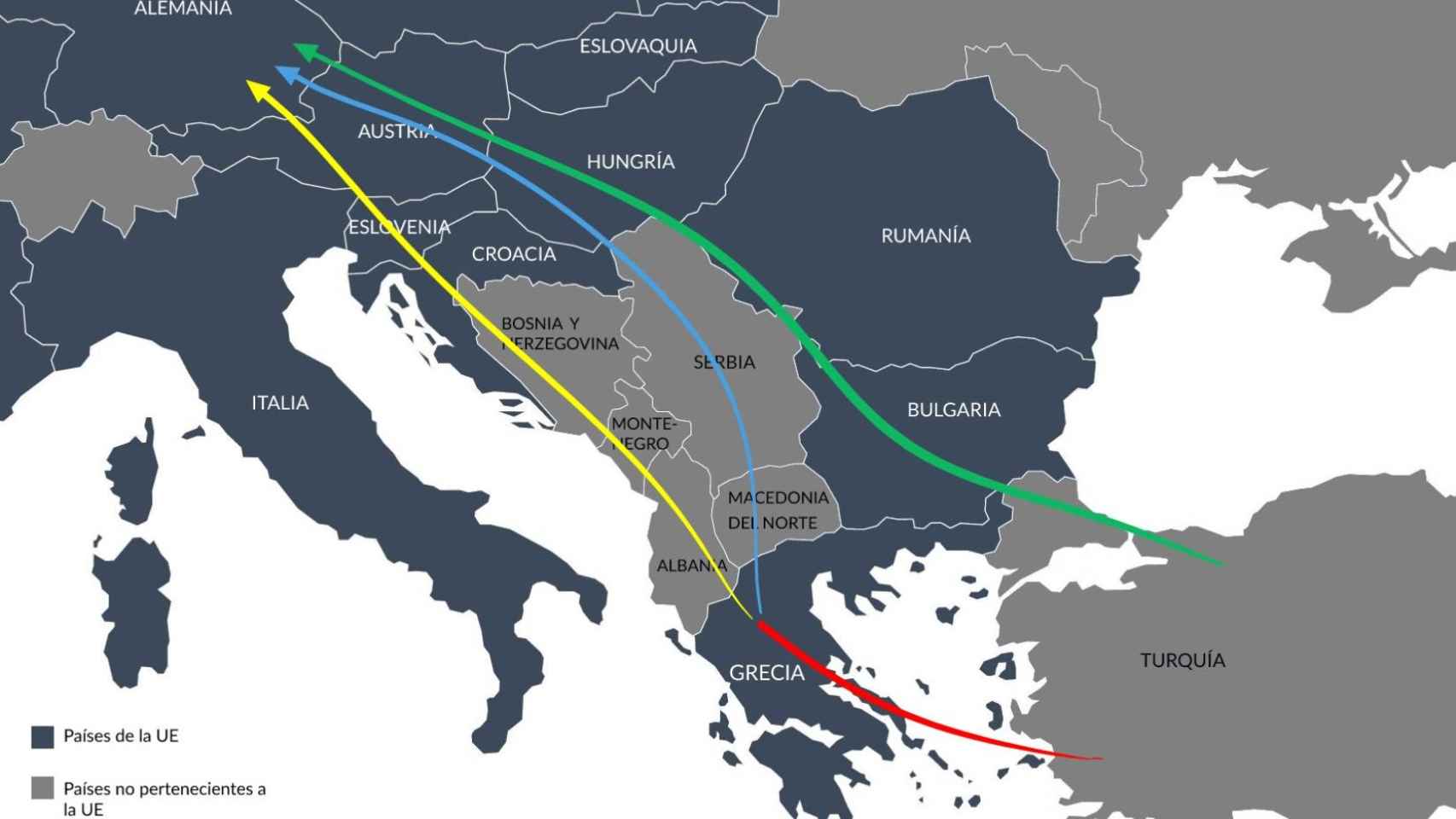Principales recorridos de la Ruta de los Balcanes que siguen los refugiados para llegar a la UE.