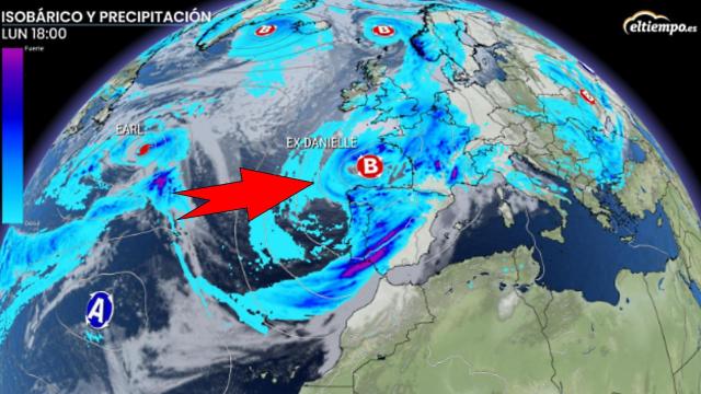 Los restos de Danielle provocarían abundantes precipitaciones en España el lunes 12. Eltiempo.es.