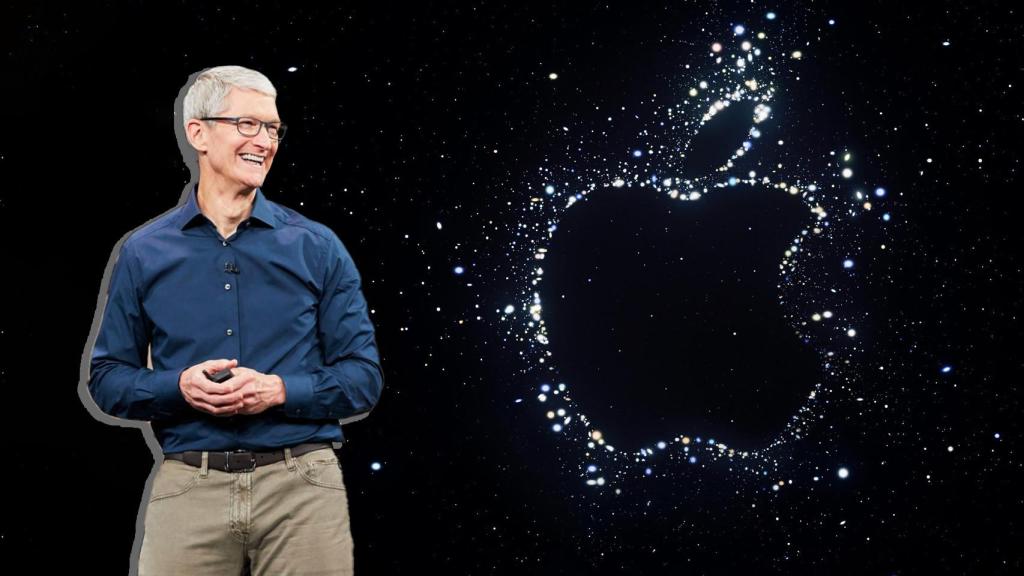 Tim Cook con el logo del nuevo evento de Apple, Far Out