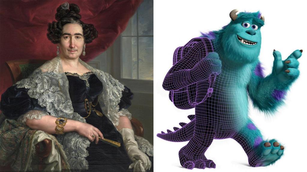 Vicente López Portaña: 'La señora de Delicado de Imaz', h. 1836. © Museo Nacional del Prado. A la derecha, Sulley, de 'Monstruos S. A.' © Disney / Pixar