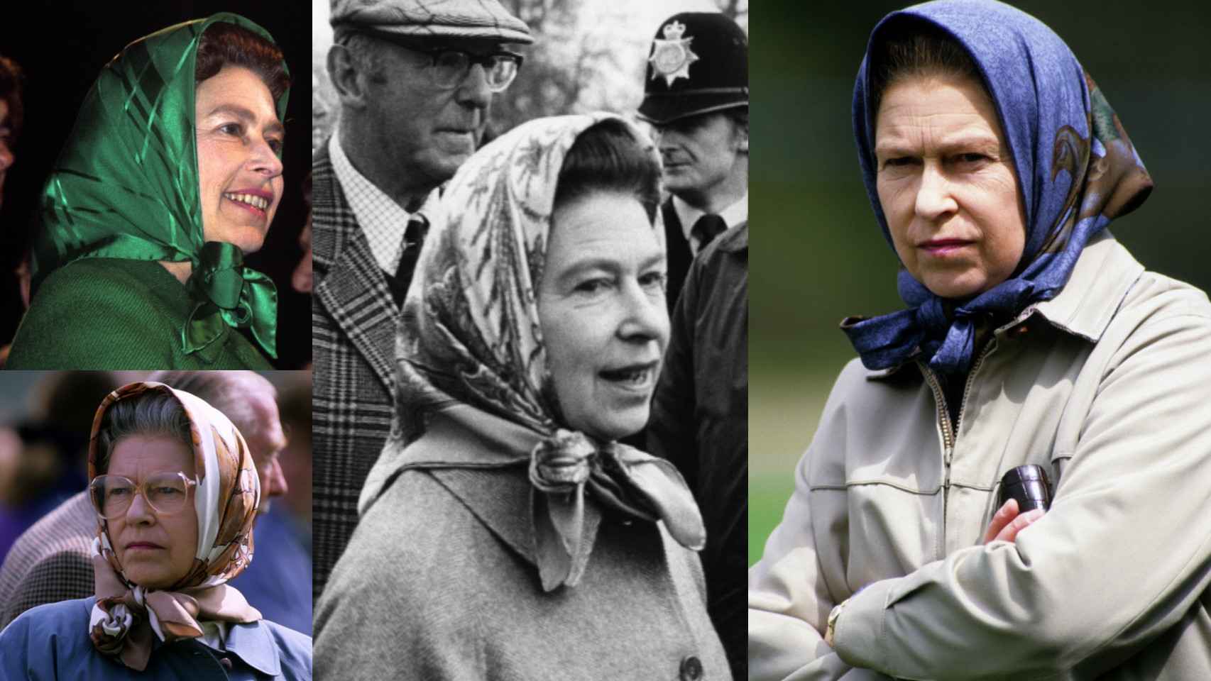 Imágenes de Isabel II, luciendo pañuelos en distintas épocas a lo largo de su vida.