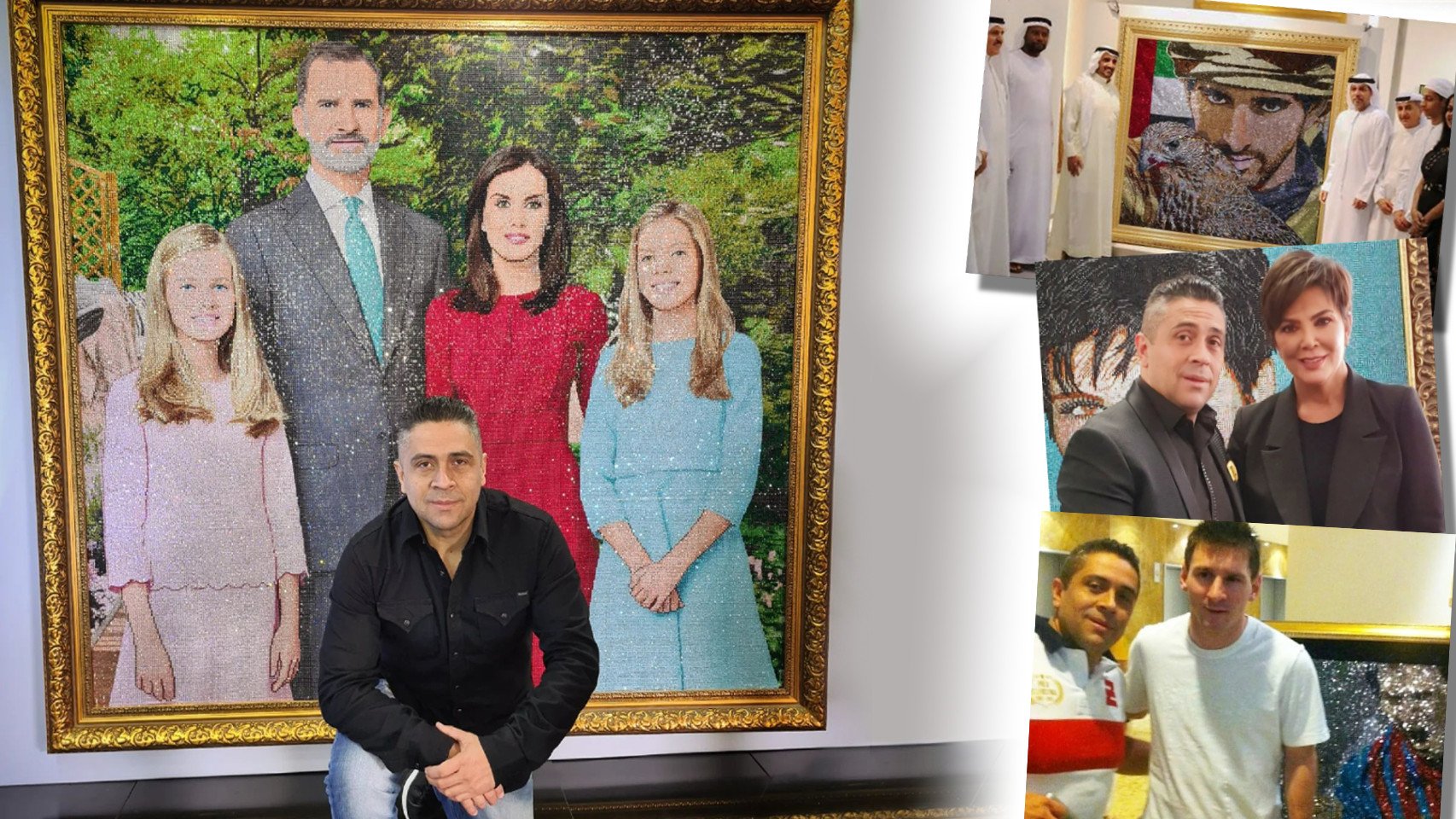 Mauricio Benítez junto a su gran obra, y posando con otros clientes, como Messi o Kris Jenner.