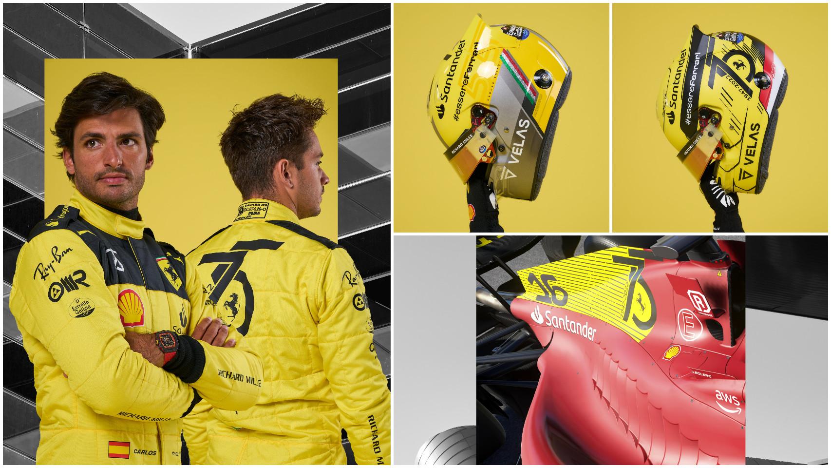 Carlos Sainz, Charles Leclerc y el F1-75 se tiñen de amarillo: la decoración especial de Ferrari para Monza