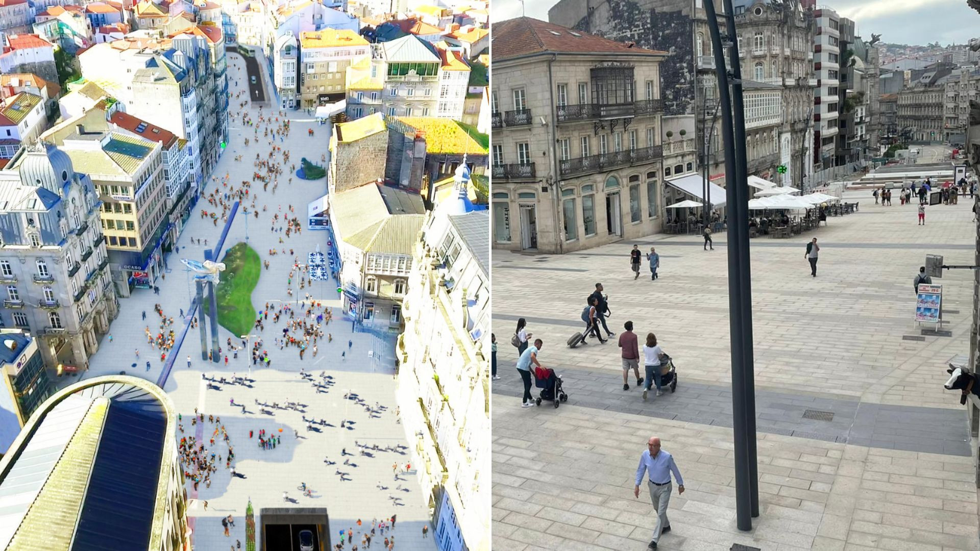 A la izquierda,  render de la Puerta del Sol (Concello de Vigo). Aspecto actual a la derecha (Imagen: Treintayseis).