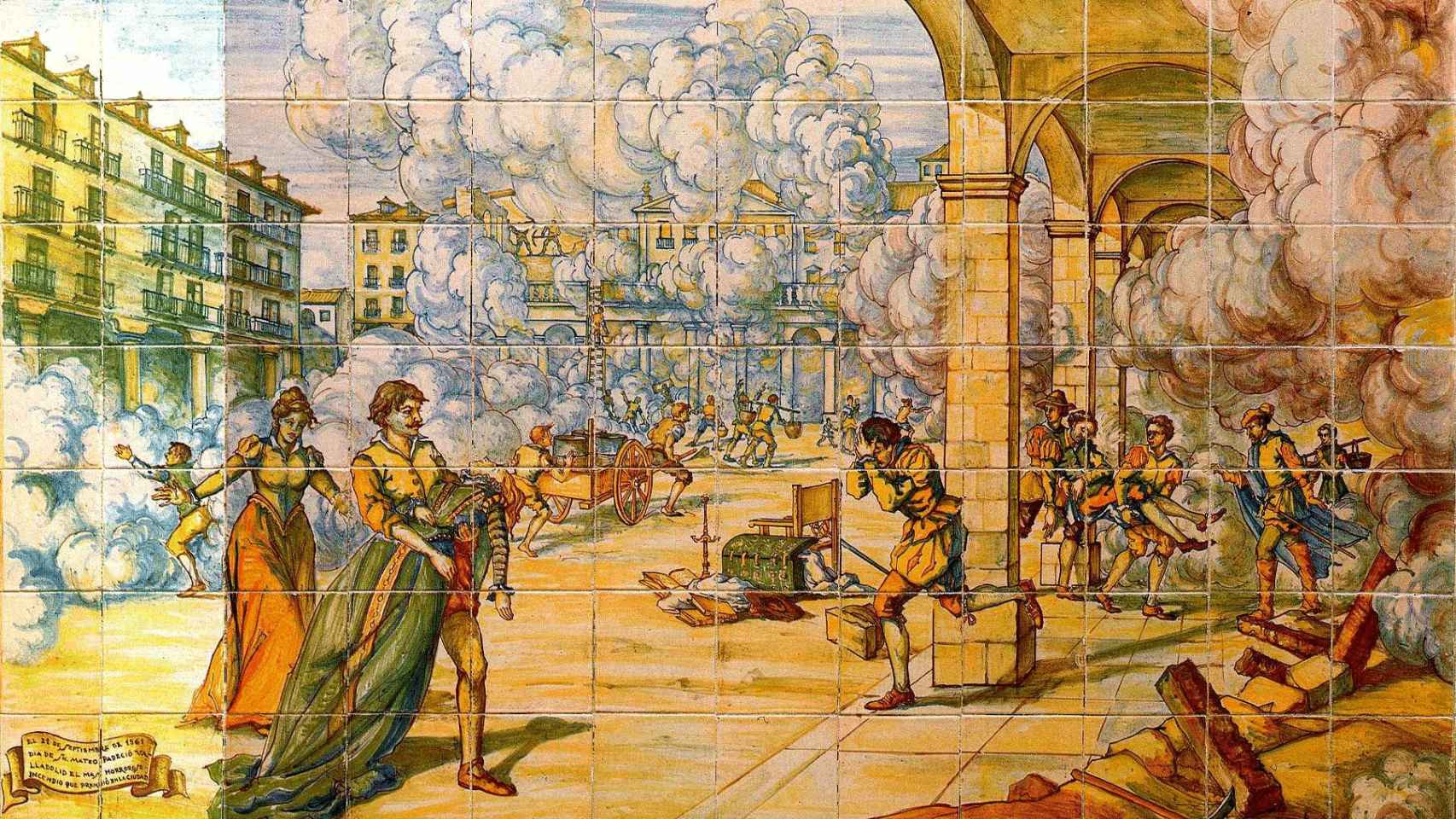 Azulejo del Palacio de Pimentel que representa el incendio de Valladolid de 1561.